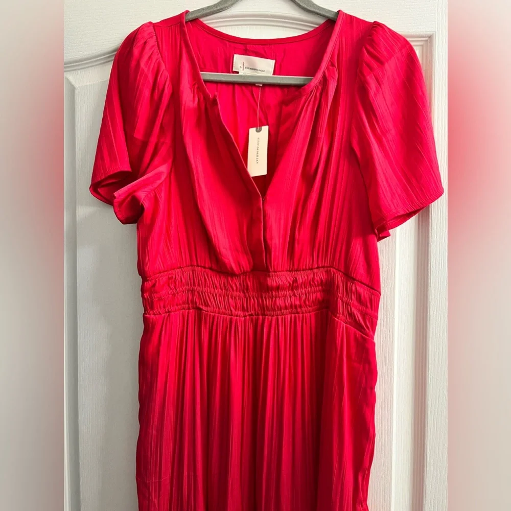 NWT Anthropologie Somerset Maxi Bright Pink Satiny Dress Sz M Pockets Flattering - Picture 5 of 14